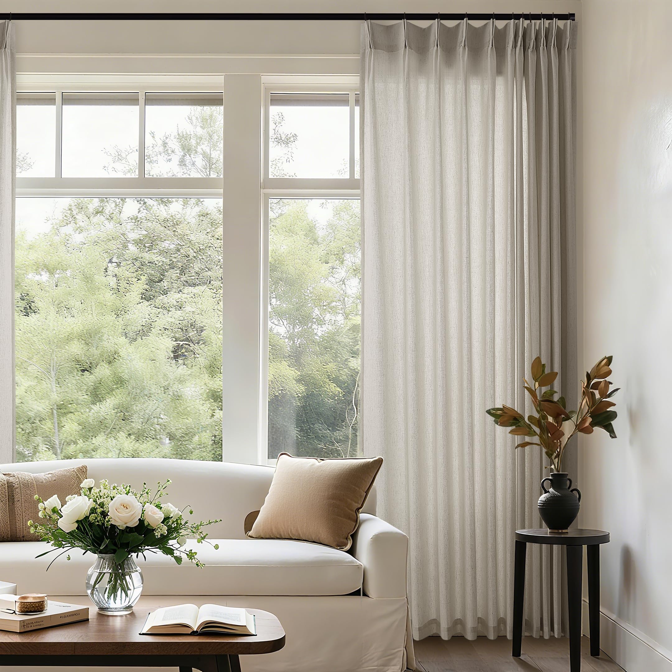 Natural Pinch Pleated Linen Curtains 72 Inches Long 72 Inch Wide for Living Room Bathroom Light Filtering Semi Sheer Shower Bath Curtain 72x72 Boho Neutral Pinch Pleated Drape Hooks Rings 1 Panel