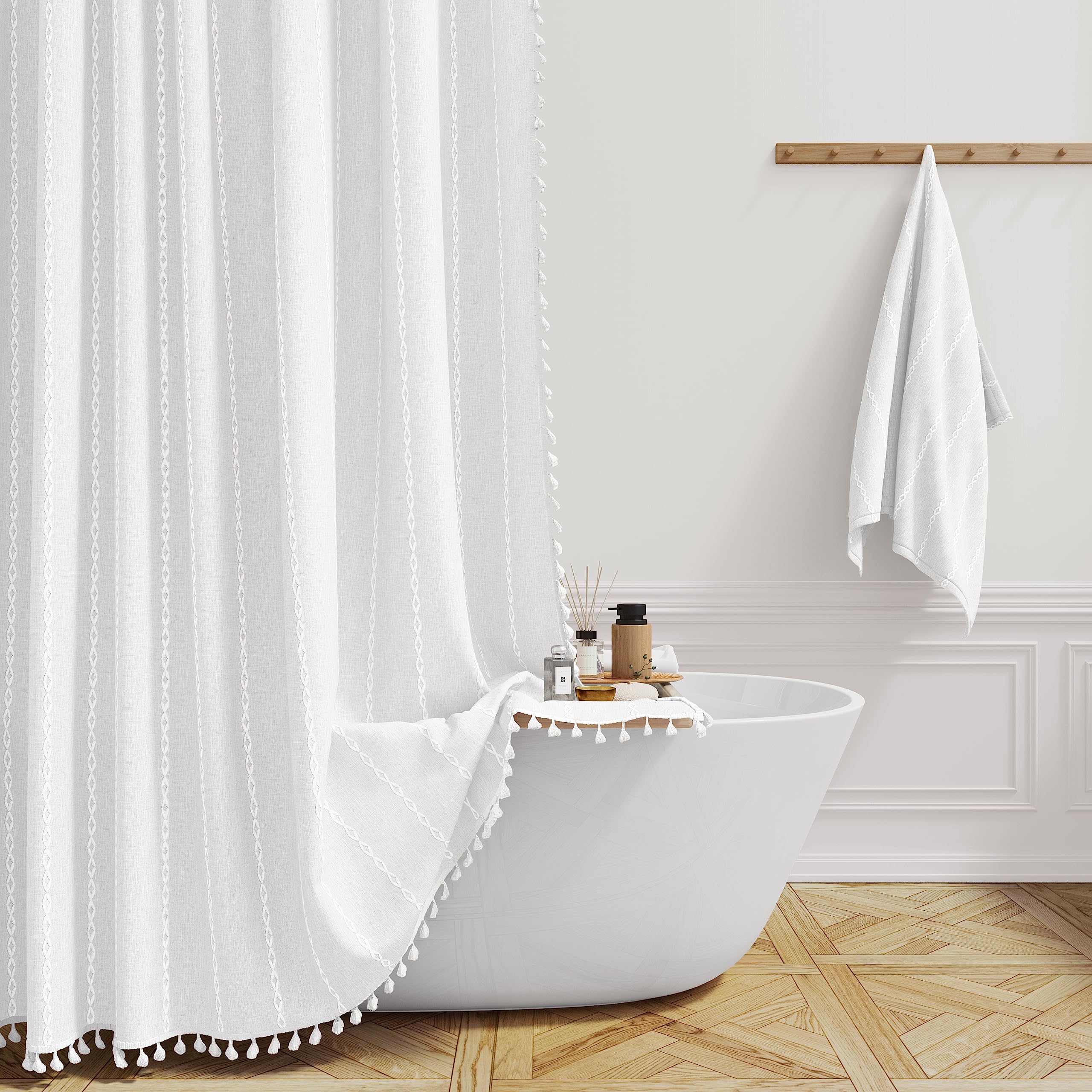 BTTN Boho Farmhouse Shower Curtain, Linen Rustic Weighted Striped Cloth Shower Curtain Set with Tassel, Water Repellent, Bohemian Vintage Country Fabric Shower Curtain for Bathroom, Cream/Beige, 72x72