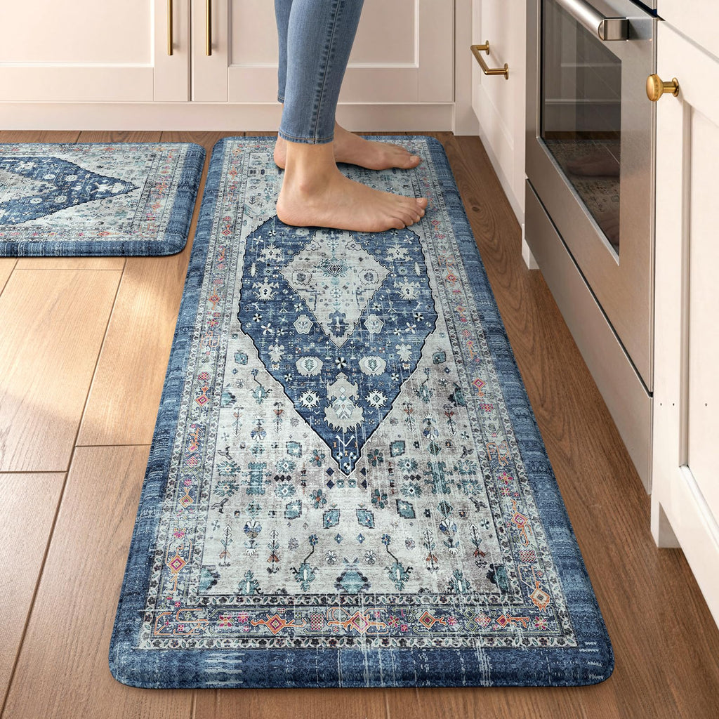 Collive Boho Kitchen Mats 2PCS, Cushioned Kitchen Mat for Floor Anti Fatigue Waterproof Kitchens Rugs Set of 2, Non Skid Comfort Standing Rug for Office, Sink, Laundry, 17.3"x29"+17.3"x47"