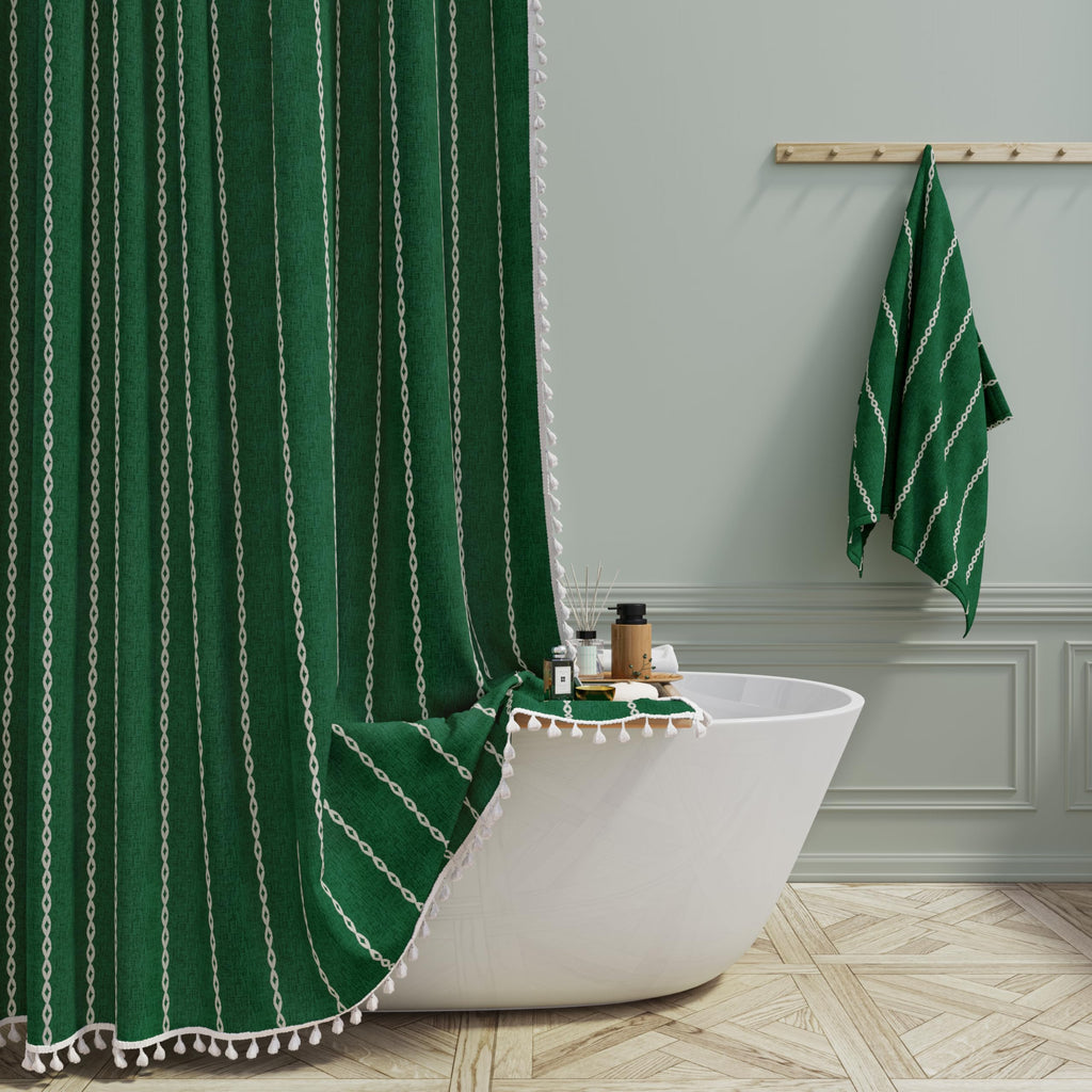BTTN Boho Farmhouse Shower Curtain, Linen Rustic Weighted Striped Cloth Shower Curtain Set with Tassel, Water Repellent, Bohemian Vintage Country Fabric Shower Curtain for Bathroom, Cream/Beige, 72x72