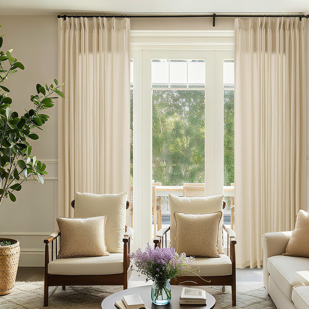 Natural Pinch Pleated Linen Curtains 72 Inches Long 72 Inch Wide for Living Room Bathroom Light Filtering Semi Sheer Shower Bath Curtain 72x72 Boho Neutral Pinch Pleated Drape Hooks Rings 1 Panel