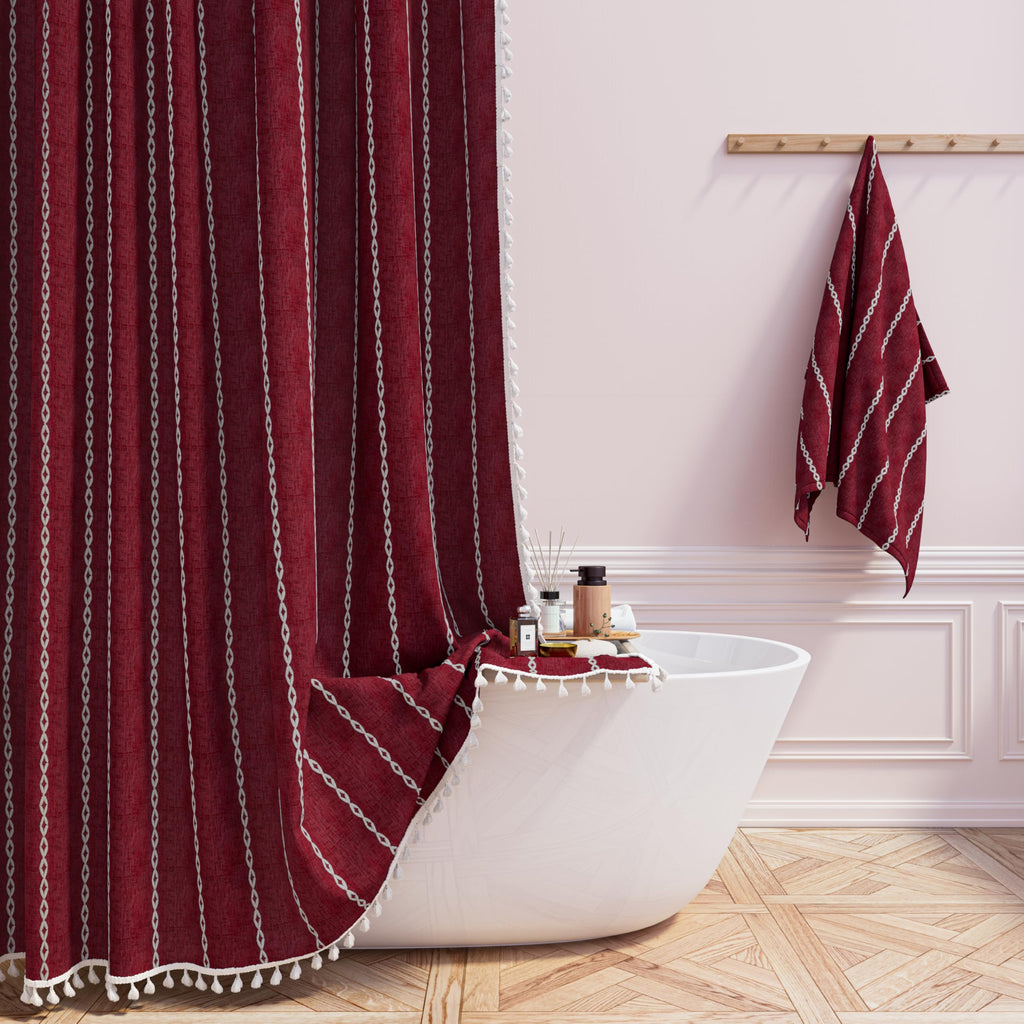 BTTN Boho Farmhouse Shower Curtain, Linen Rustic Weighted Striped Cloth Shower Curtain Set with Tassel, Water Repellent, Bohemian Vintage Country Fabric Shower Curtain for Bathroom, Cream/Beige, 72x72