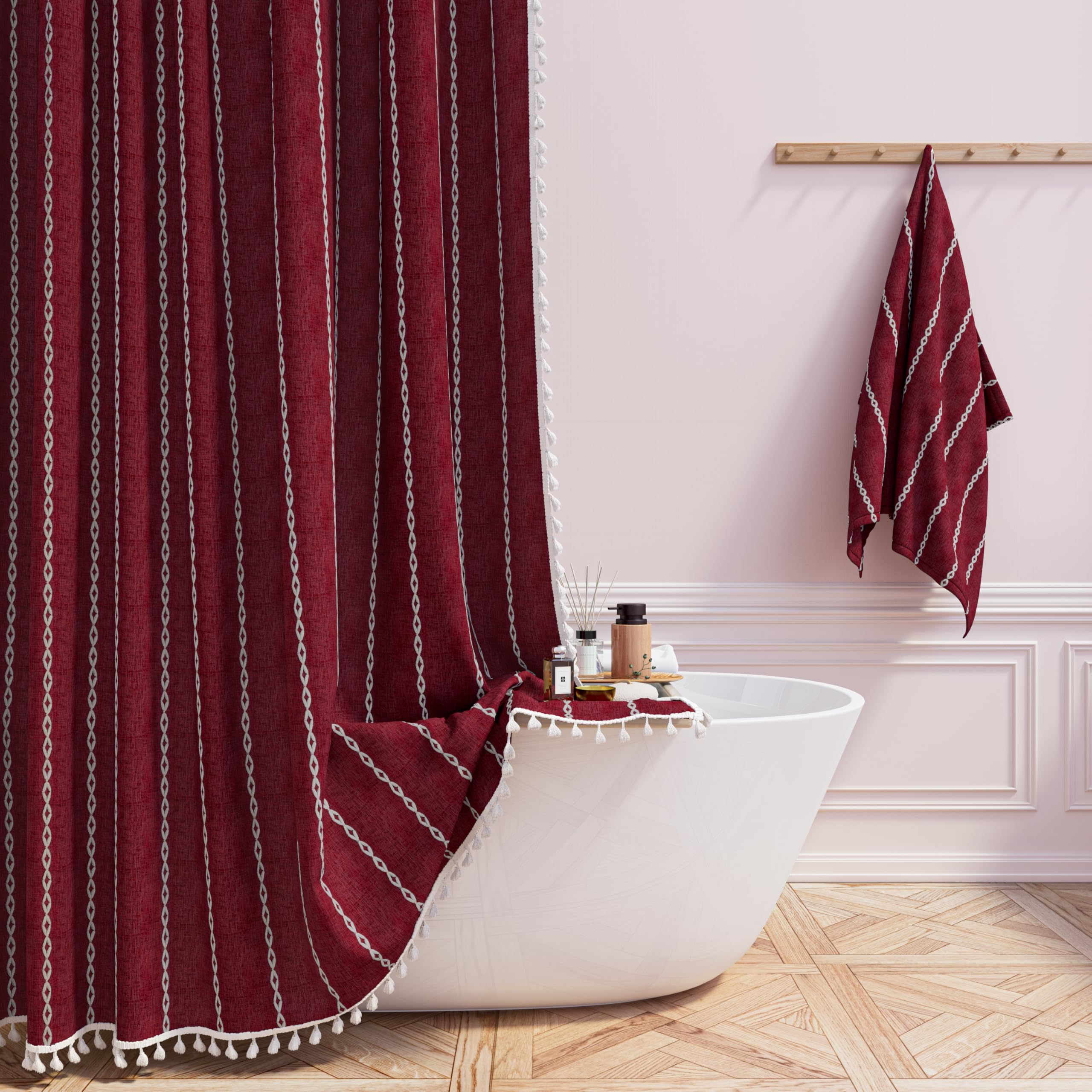 BTTN Boho Farmhouse Shower Curtain, Linen Rustic Weighted Striped Cloth Shower Curtain Set with Tassel, Water Repellent, Bohemian Vintage Country Fabric Shower Curtain for Bathroom, Cream/Beige, 72x72