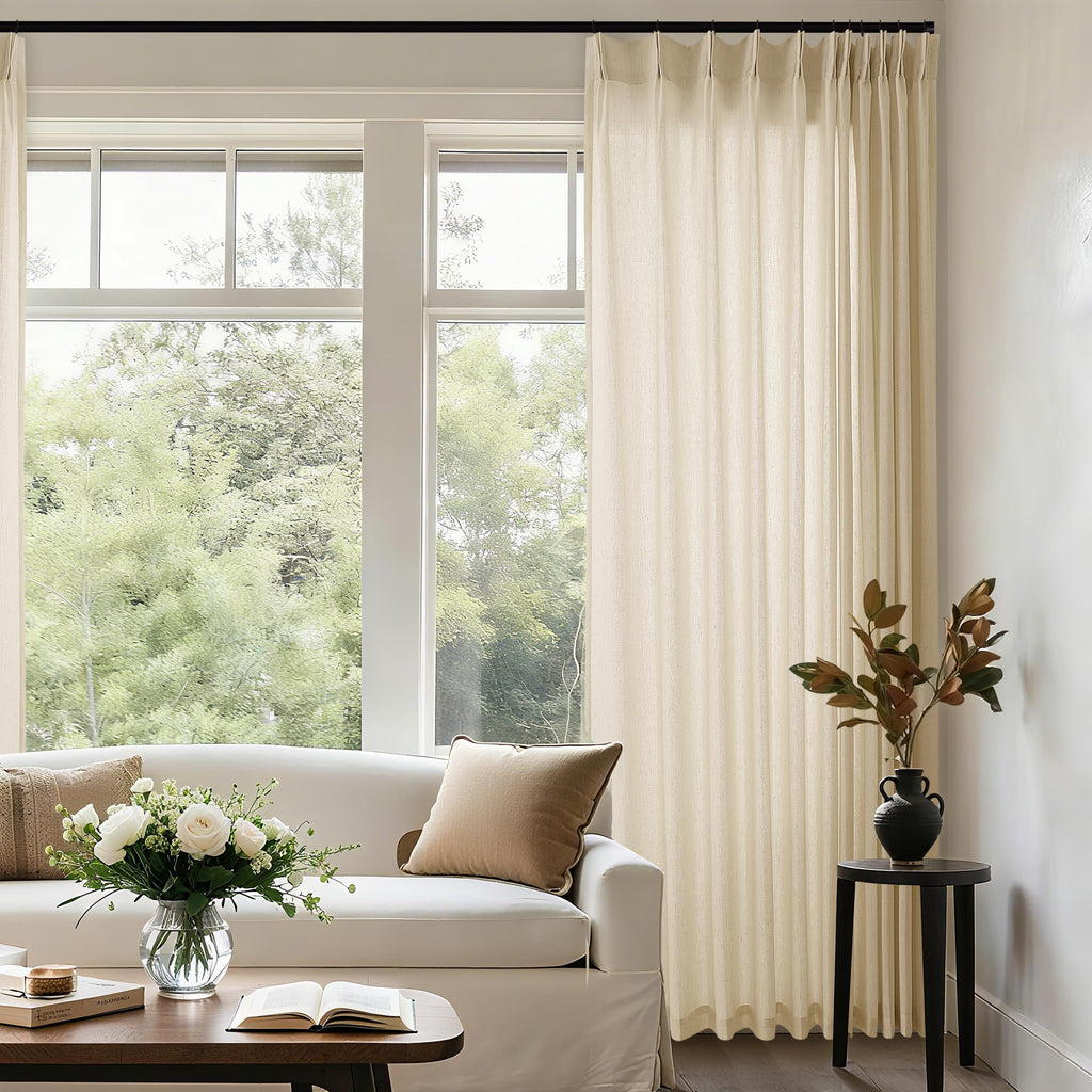 Natural Pinch Pleated Linen Curtains 72 Inches Long 72 Inch Wide for Living Room Bathroom Light Filtering Semi Sheer Shower Bath Curtain 72x72 Boho Neutral Pinch Pleated Drape Hooks Rings 1 Panel