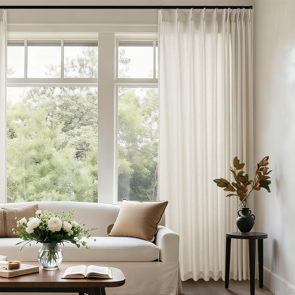 Natural Pinch Pleated Linen Curtains 72 Inches Long 72 Inch Wide for Living Room Bathroom Light Filtering Semi Sheer Shower Bath Curtain 72x72 Boho Neutral Pinch Pleated Drape Hooks Rings 1 Panel