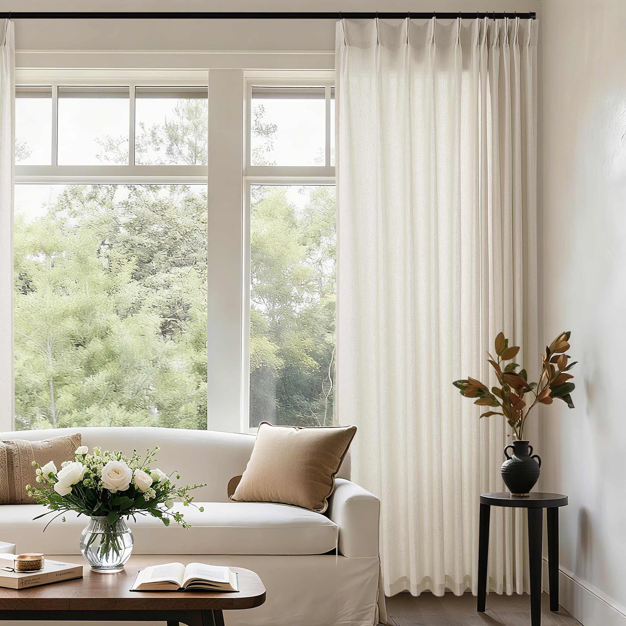 Natural Pinch Pleated Linen Curtains 72 Inches Long 72 Inch Wide for Living Room Bathroom Light Filtering Semi Sheer Shower Bath Curtain 72x72 Boho Neutral Pinch Pleated Drape Hooks Rings 1 Panel
