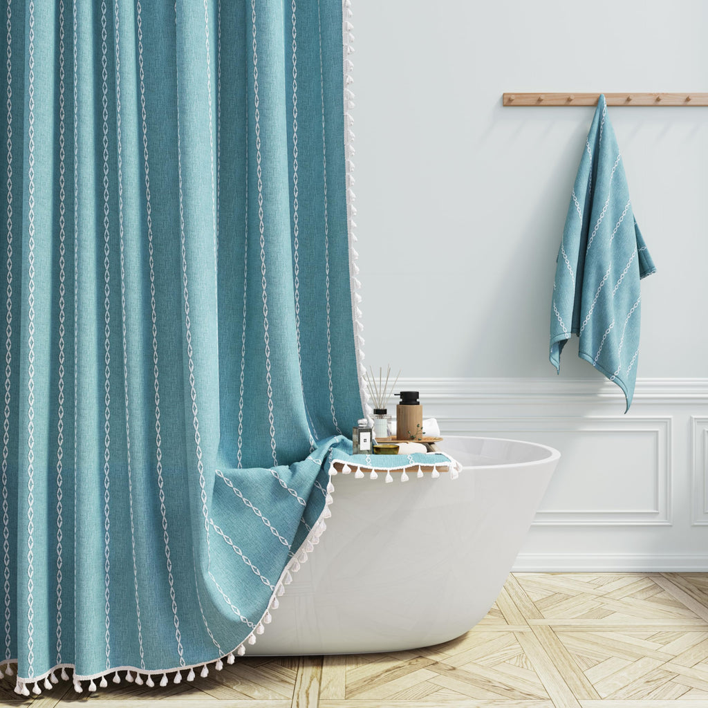 BTTN Boho Farmhouse Shower Curtain, Linen Rustic Weighted Striped Cloth Shower Curtain Set with Tassel, Water Repellent, Bohemian Vintage Country Fabric Shower Curtain for Bathroom, Cream/Beige, 72x72