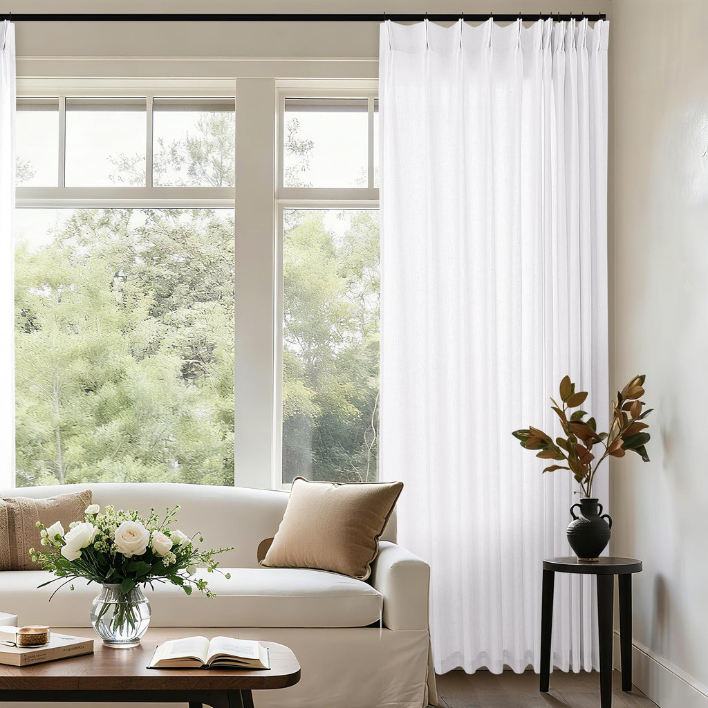 Natural Pinch Pleated Linen Curtains 72 Inches Long 72 Inch Wide for Living Room Bathroom Light Filtering Semi Sheer Shower Bath Curtain 72x72 Boho Neutral Pinch Pleated Drape Hooks Rings 1 Panel