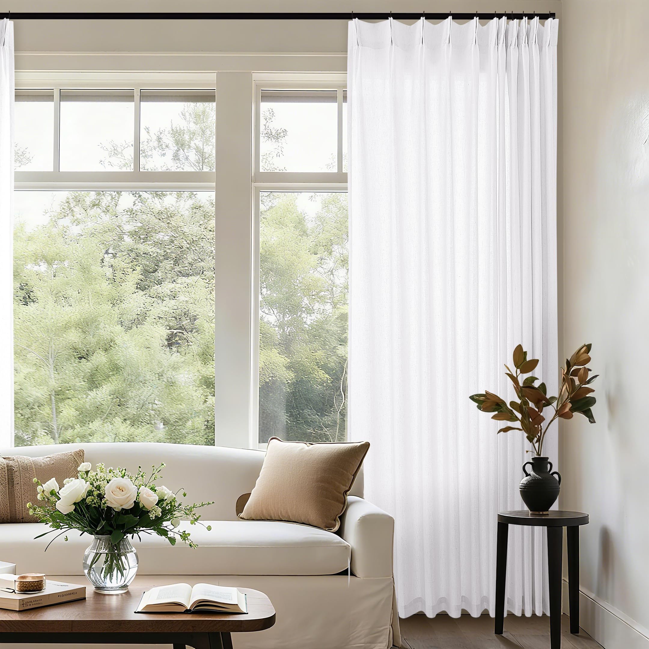 Natural Pinch Pleated Linen Curtains 72 Inches Long 72 Inch Wide for Living Room Bathroom Light Filtering Semi Sheer Shower Bath Curtain 72x72 Boho Neutral Pinch Pleated Drape Hooks Rings 1 Panel