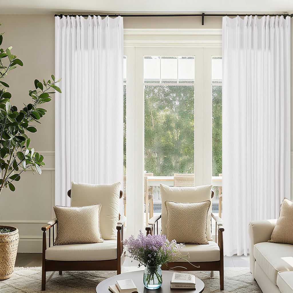 Natural Pinch Pleated Linen Curtains 72 Inches Long 72 Inch Wide for Living Room Bathroom Light Filtering Semi Sheer Shower Bath Curtain 72x72 Boho Neutral Pinch Pleated Drape Hooks Rings 1 Panel