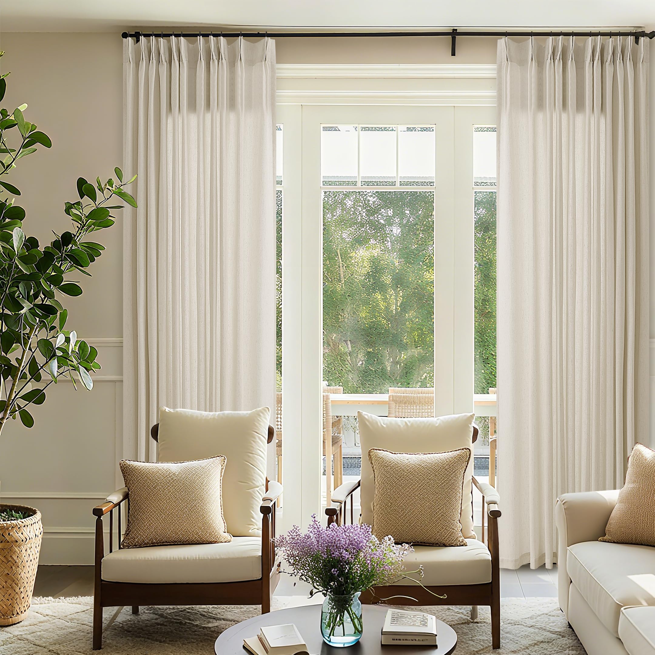 Natural Pinch Pleated Linen Curtains 72 Inches Long 72 Inch Wide for Living Room Bathroom Light Filtering Semi Sheer Shower Bath Curtain 72x72 Boho Neutral Pinch Pleated Drape Hooks Rings 1 Panel