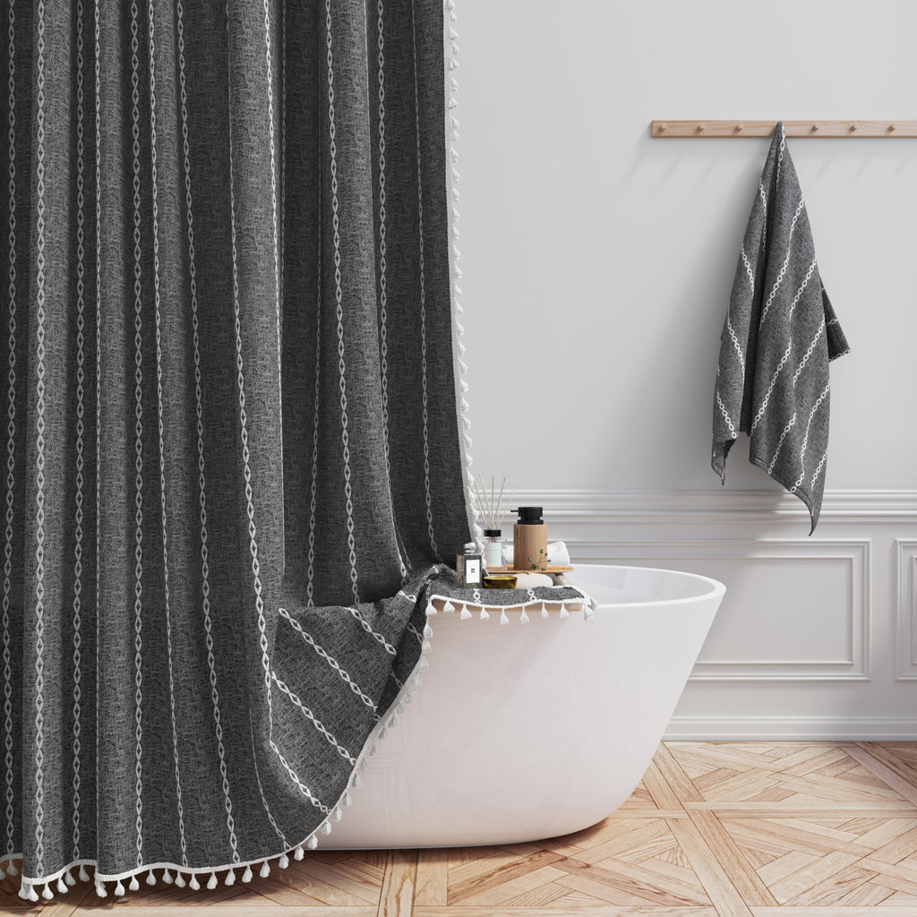 BTTN Boho Farmhouse Shower Curtain, Linen Rustic Weighted Striped Cloth Shower Curtain Set with Tassel, Water Repellent, Bohemian Vintage Country Fabric Shower Curtain for Bathroom, Cream/Beige, 72x72