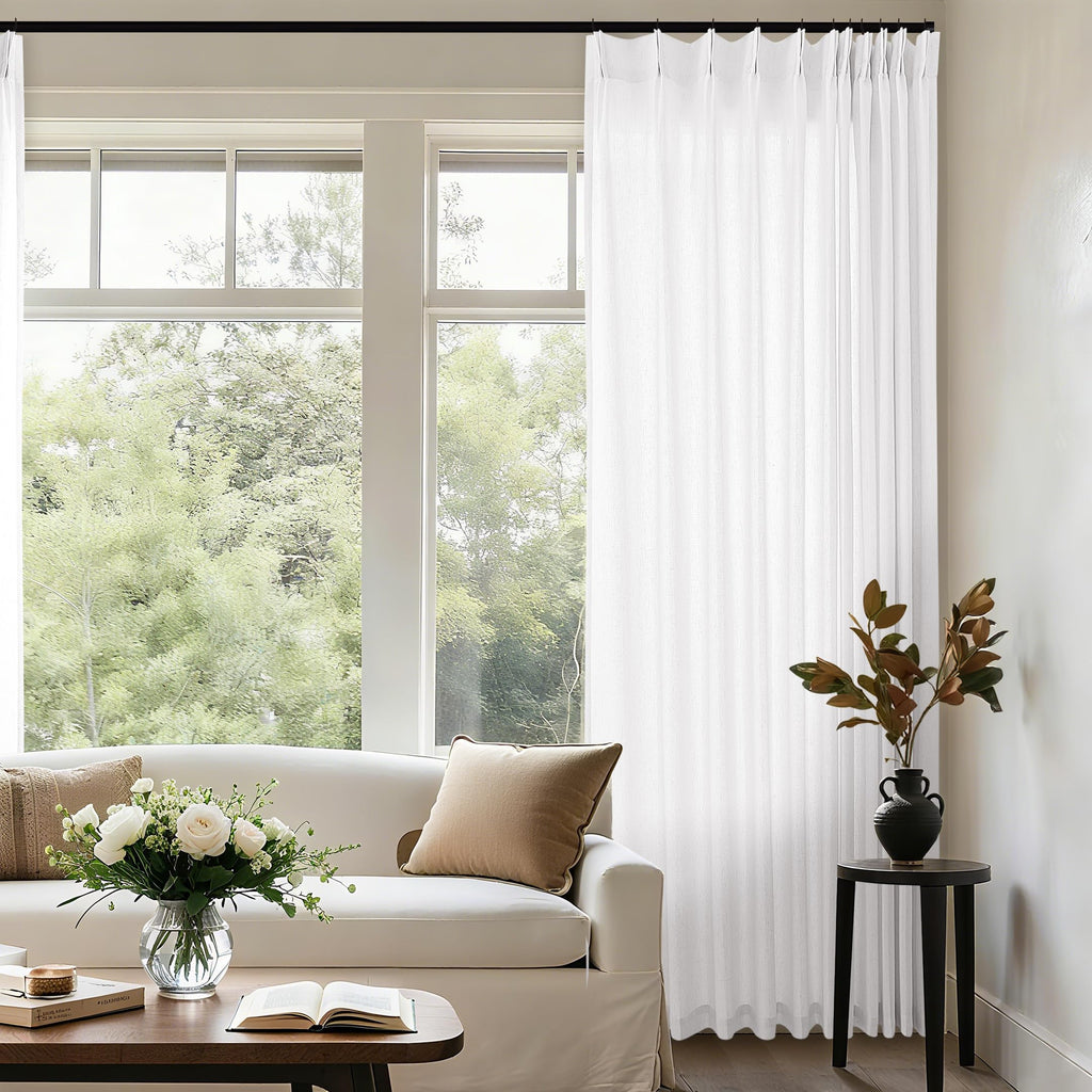 Natural Pinch Pleated Linen Curtains 72 Inches Long 72 Inch Wide for Living Room Bathroom Light Filtering Semi Sheer Shower Bath Curtain 72x72 Boho Neutral Pinch Pleated Drape Hooks Rings 1 Panel