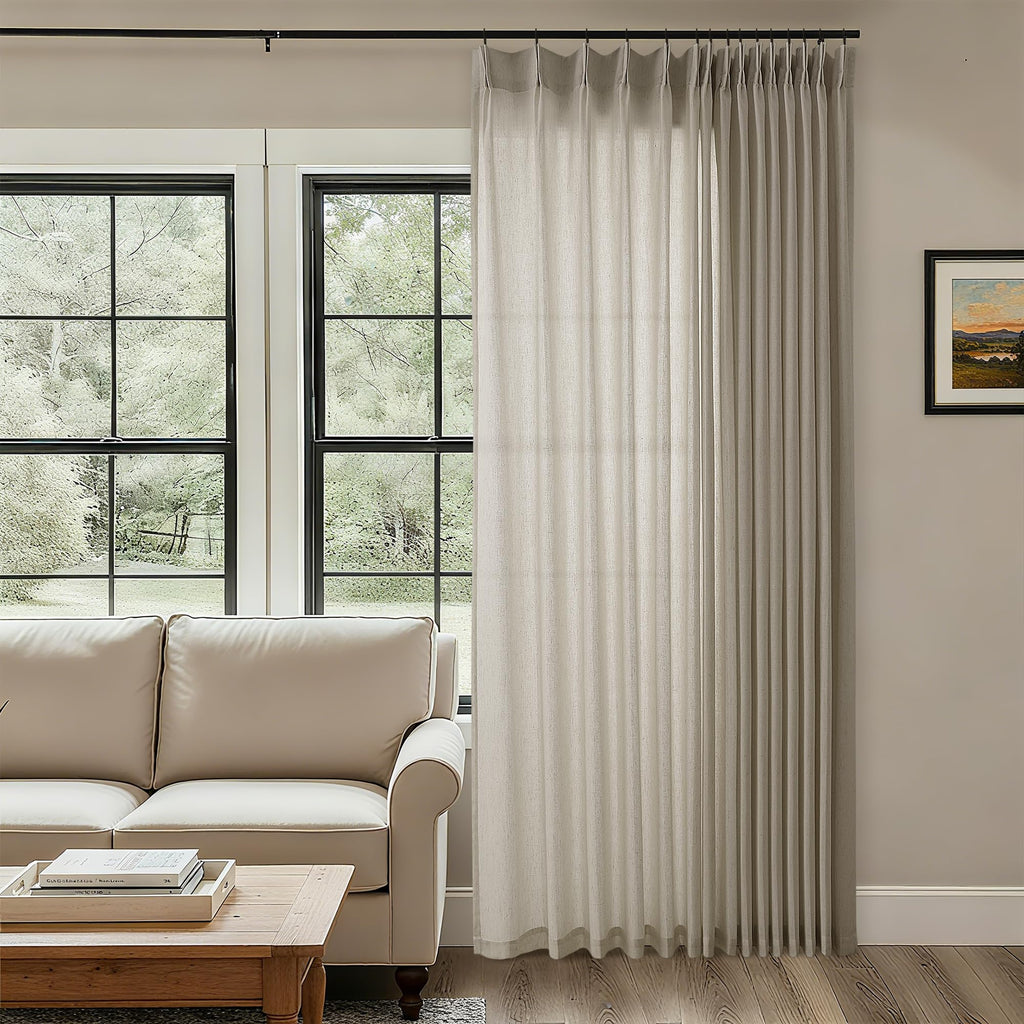 Natural Pinch Pleated Linen Curtains 72 Inches Long 72 Inch Wide for Living Room Bathroom Light Filtering Semi Sheer Shower Bath Curtain 72x72 Boho Neutral Pinch Pleated Drape Hooks Rings 1 Panel