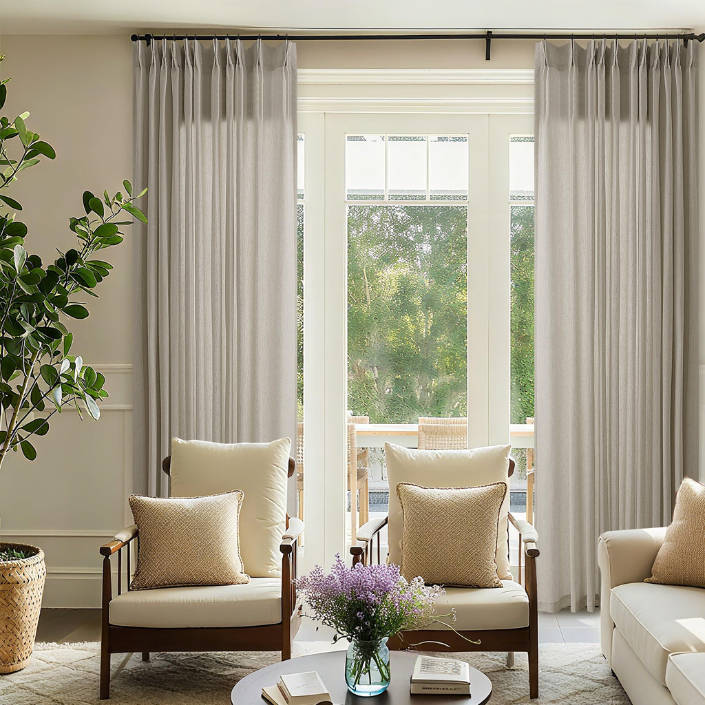 Natural Pinch Pleated Linen Curtains 72 Inches Long 72 Inch Wide for Living Room Bathroom Light Filtering Semi Sheer Shower Bath Curtain 72x72 Boho Neutral Pinch Pleated Drape Hooks Rings 1 Panel