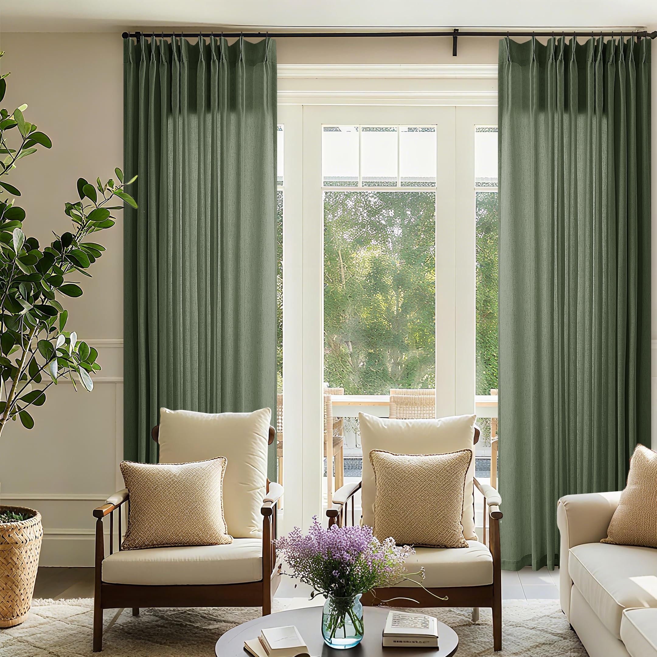 Natural Pinch Pleated Linen Curtains 72 Inches Long 72 Inch Wide for Living Room Bathroom Light Filtering Semi Sheer Shower Bath Curtain 72x72 Boho Neutral Pinch Pleated Drape Hooks Rings 1 Panel