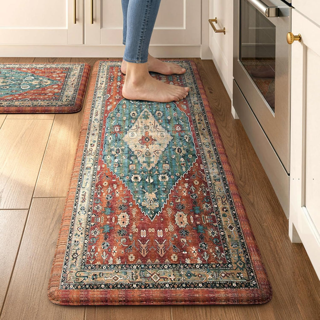 Collive Boho Kitchen Mats 2PCS, Cushioned Kitchen Mat for Floor Anti Fatigue Waterproof Kitchens Rugs Set of 2, Non Skid Comfort Standing Rug for Office, Sink, Laundry, 17.3"x29"+17.3"x47"