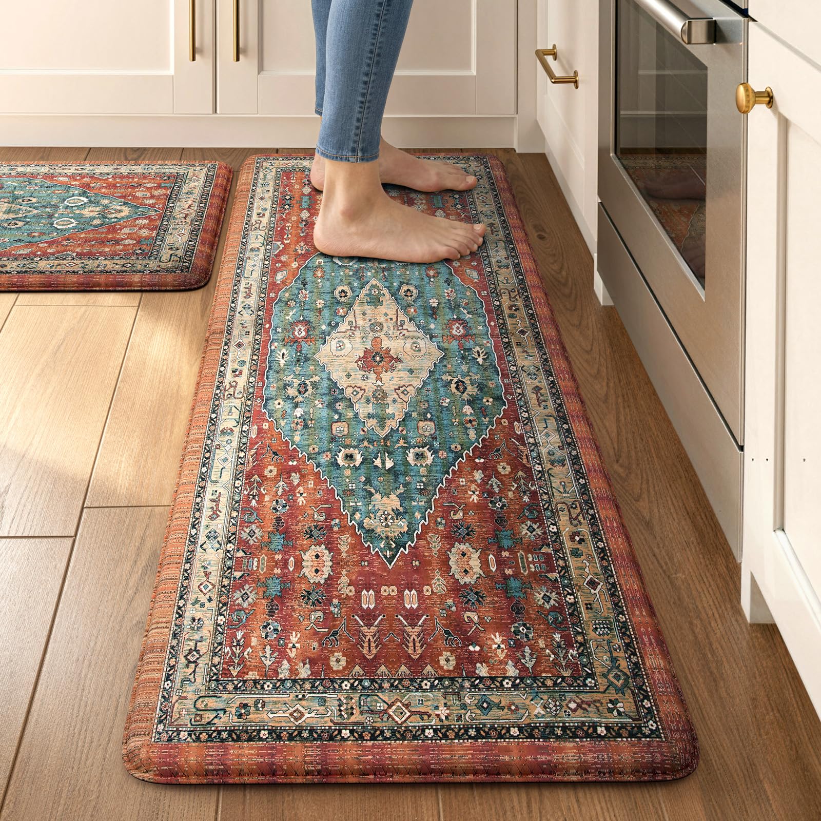 Collive Boho Kitchen Mats 2PCS, Cushioned Kitchen Mat for Floor Anti Fatigue Waterproof Kitchens Rugs Set of 2, Non Skid Comfort Standing Rug for Office, Sink, Laundry, 17.3"x29"+17.3"x47"