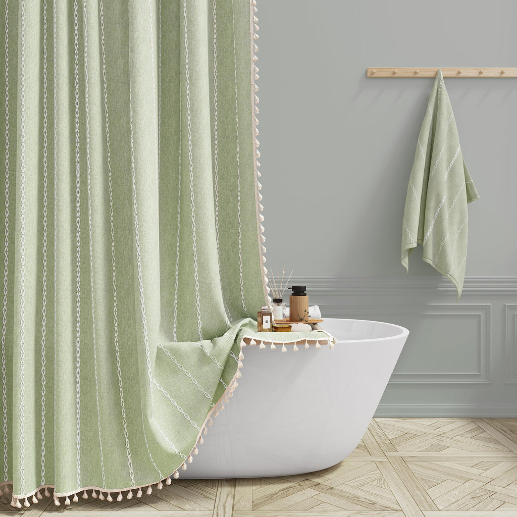 BTTN Boho Farmhouse Shower Curtain, Linen Rustic Weighted Striped Cloth Shower Curtain Set with Tassel, Water Repellent, Bohemian Vintage Country Fabric Shower Curtain for Bathroom, Cream/Beige, 72x72