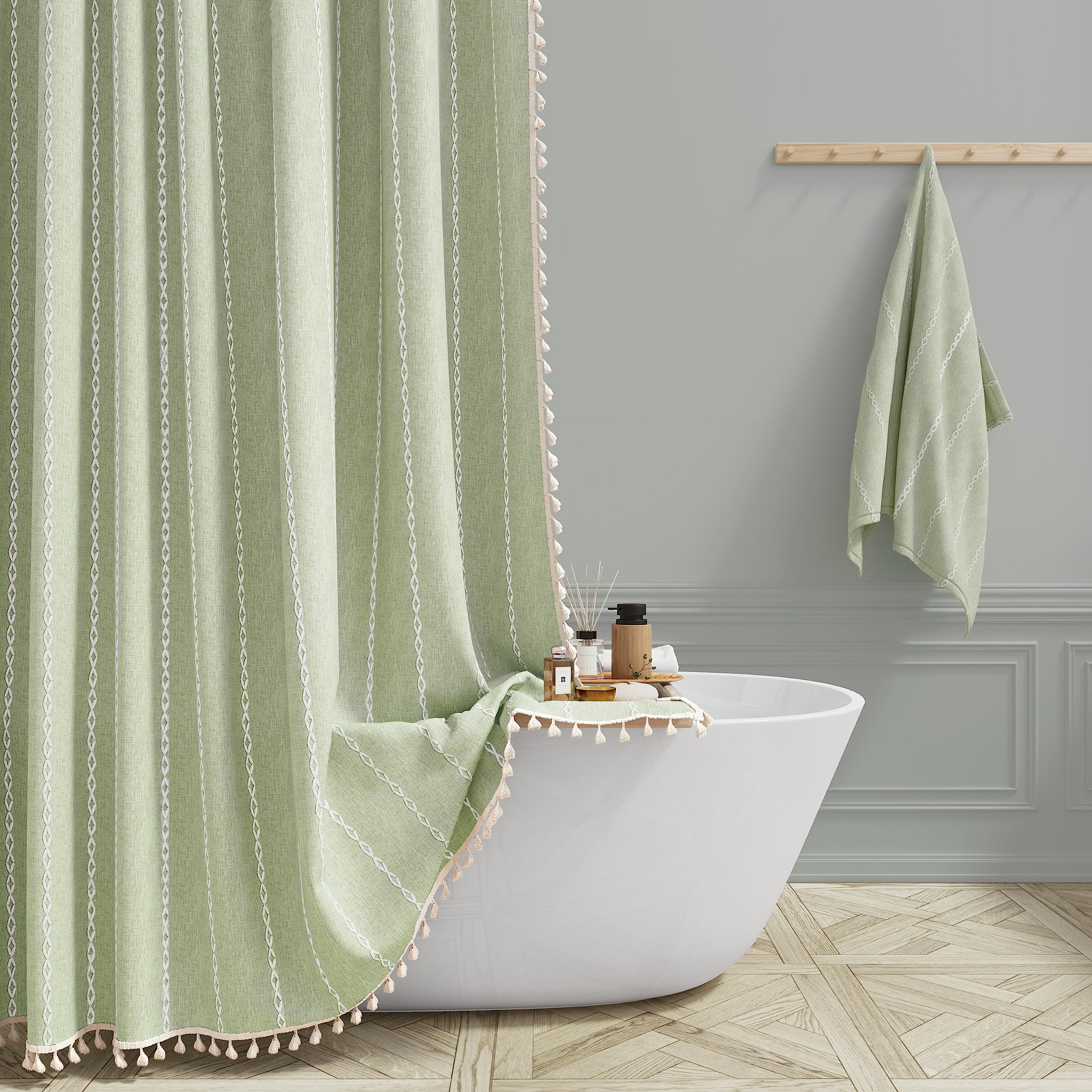BTTN Boho Farmhouse Shower Curtain, Linen Rustic Weighted Striped Cloth Shower Curtain Set with Tassel, Water Repellent, Bohemian Vintage Country Fabric Shower Curtain for Bathroom, Cream/Beige, 72x72