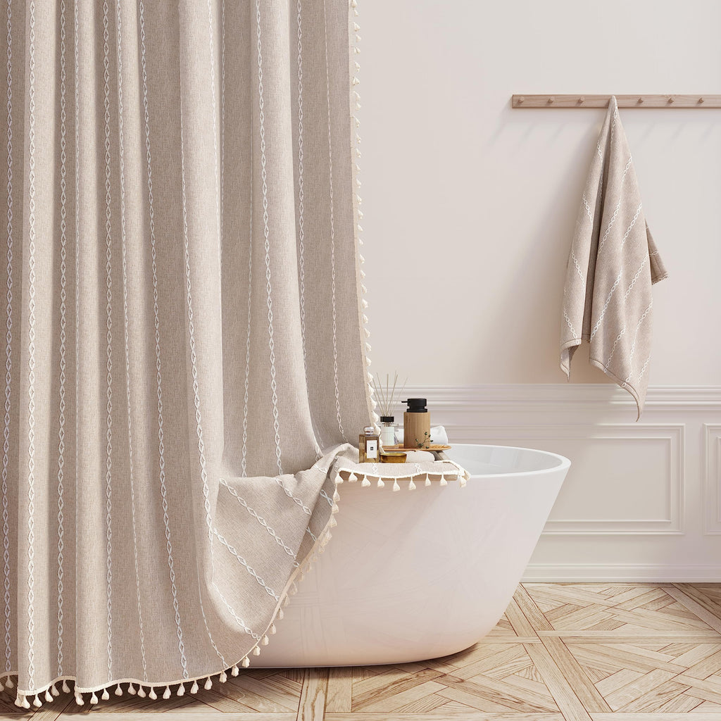 BTTN Boho Farmhouse Shower Curtain, Linen Rustic Weighted Striped Cloth Shower Curtain Set with Tassel, Water Repellent, Bohemian Vintage Country Fabric Shower Curtain for Bathroom, Cream/Beige, 72x72