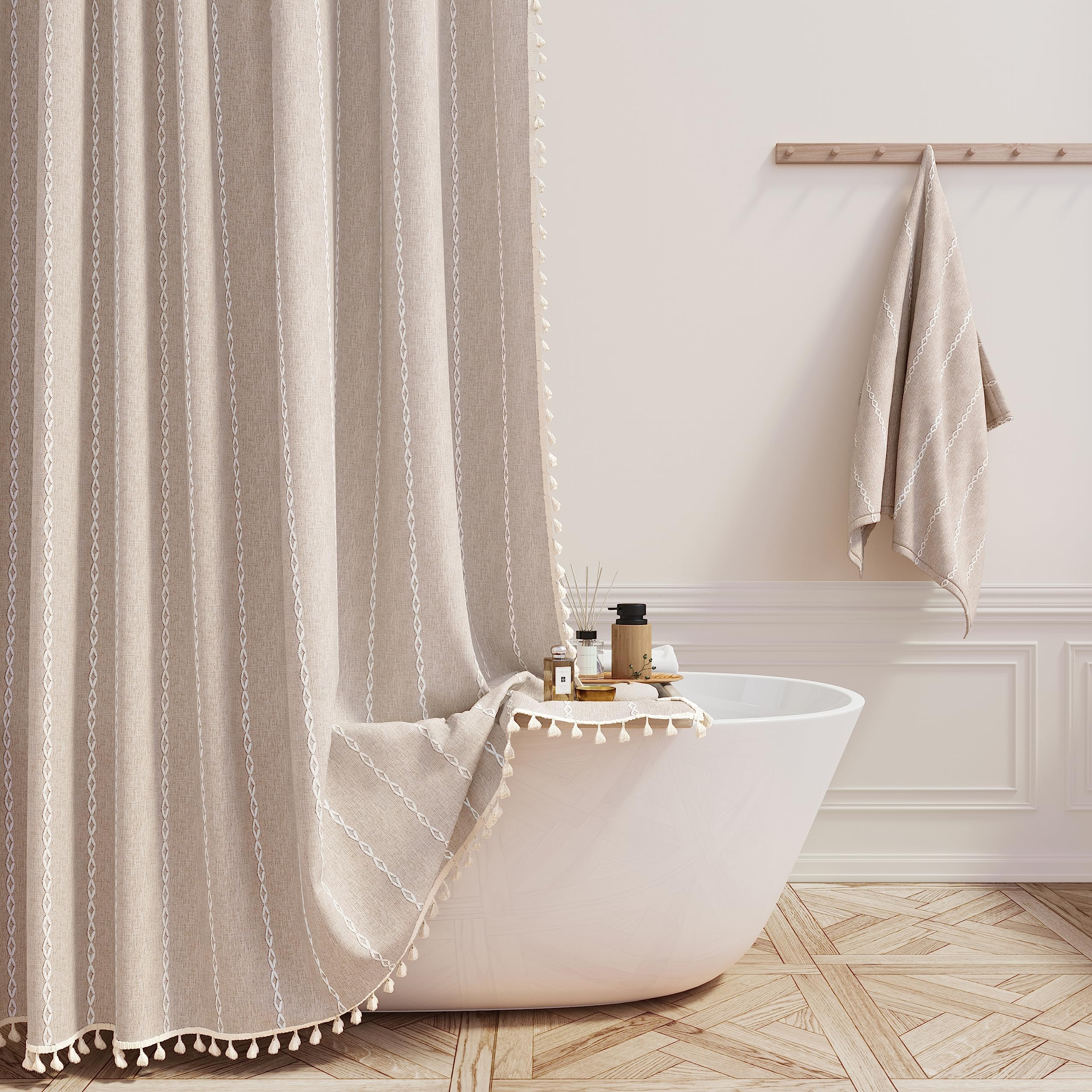 BTTN Boho Farmhouse Shower Curtain, Linen Rustic Weighted Striped Cloth Shower Curtain Set with Tassel, Water Repellent, Bohemian Vintage Country Fabric Shower Curtain for Bathroom, Cream/Beige, 72x72